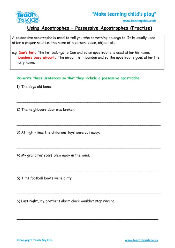 Apostrophes For Possession Worksheet